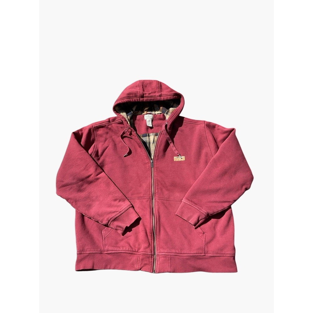 L.L. Bean 1912 Flannel Lined Hoodie Full Zip Sweatshirt XL Plaid Maroon
